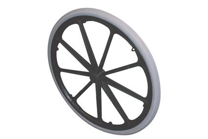 Rollstuhlrad mit PU Reifen grau, 24x1 3/8 (37-540), Fishbone Profil, Felge Kunststoff schwarz, 9 Spe ohne Bremse, Nabenlänge 60/50mm, Nabenkappe, Kugellager (2x), tiefer, Achse Ø12,7mm,