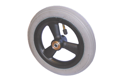 Rad mit Luftbereifung grau, 8 x 1¼ (Ø200x30), Linienprofil, Felge Kunststoff schwarz, 3 Hohlspeichen ohne Bremse, Nabenlänge 45m, Kugellager (2x), nicht vertieft, für Achse 8 mm
