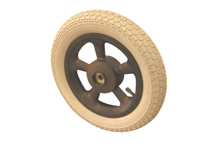 Rad mit Luftbereifung grau, 12½ x 2¼ (Ø315x60), Blockprofil, Felge Kunststoff schwarz, 5 Hohlspeiche Bremstrommel 70 mm ohne Bremse, Kugellager (2x), für Achse 12 mm