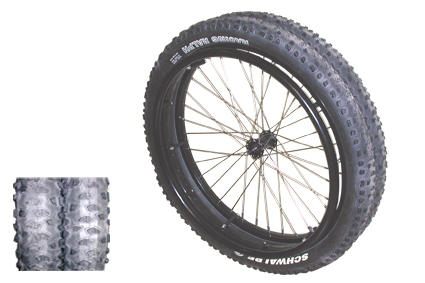 Offroad Doppelrad für Schnee 24x2.00 (507) Nabe Alu schwarz, Kugellager 12 mm, 2 x Felge schwarz, Gr 6  2 x Schwalbe gross Blockprofil (62-507), 36 Speichen rostfrei, AV, Nabenlänge 63/54 mm