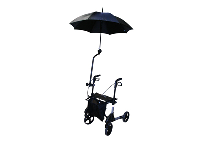 Rollstuhlschirm für den Rollstuhl und Rollator, inklusive universeller Klemmschelle und Schirm schwa Ø105cm. Das Original mit patentiert verstellbarer Klemme